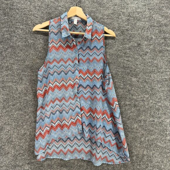 Ambiance Apparel Shirt Women L Large Blue Striped Button Up Sleeveless Collared - Picture 1 of 6